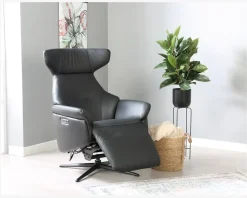 Drejestol m/Indbygget Fodskammel Sort Læder