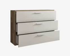 Kommode med 3 skuffer i champagne/eg