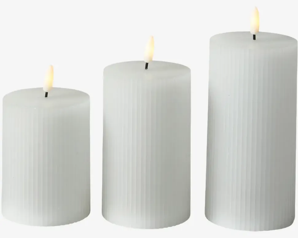 LED Bloklys Sæt 3Stk M.Riller Hvid