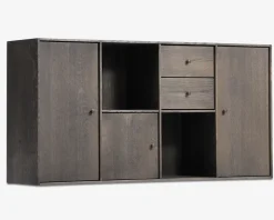 Reolopstilling med døre og skuffer røget eg